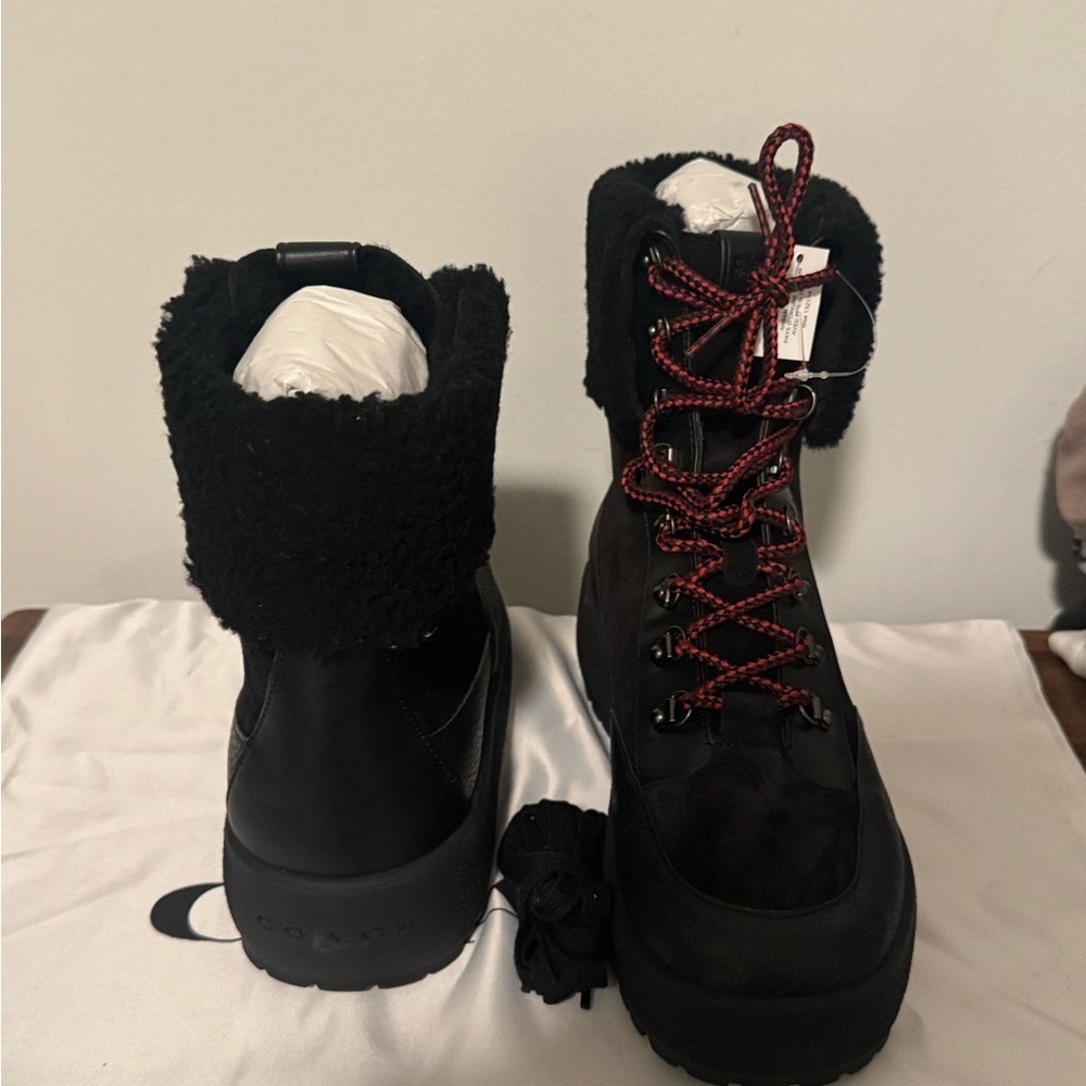 Coach Combat Black and Red Winter Boots Red and Black Lace